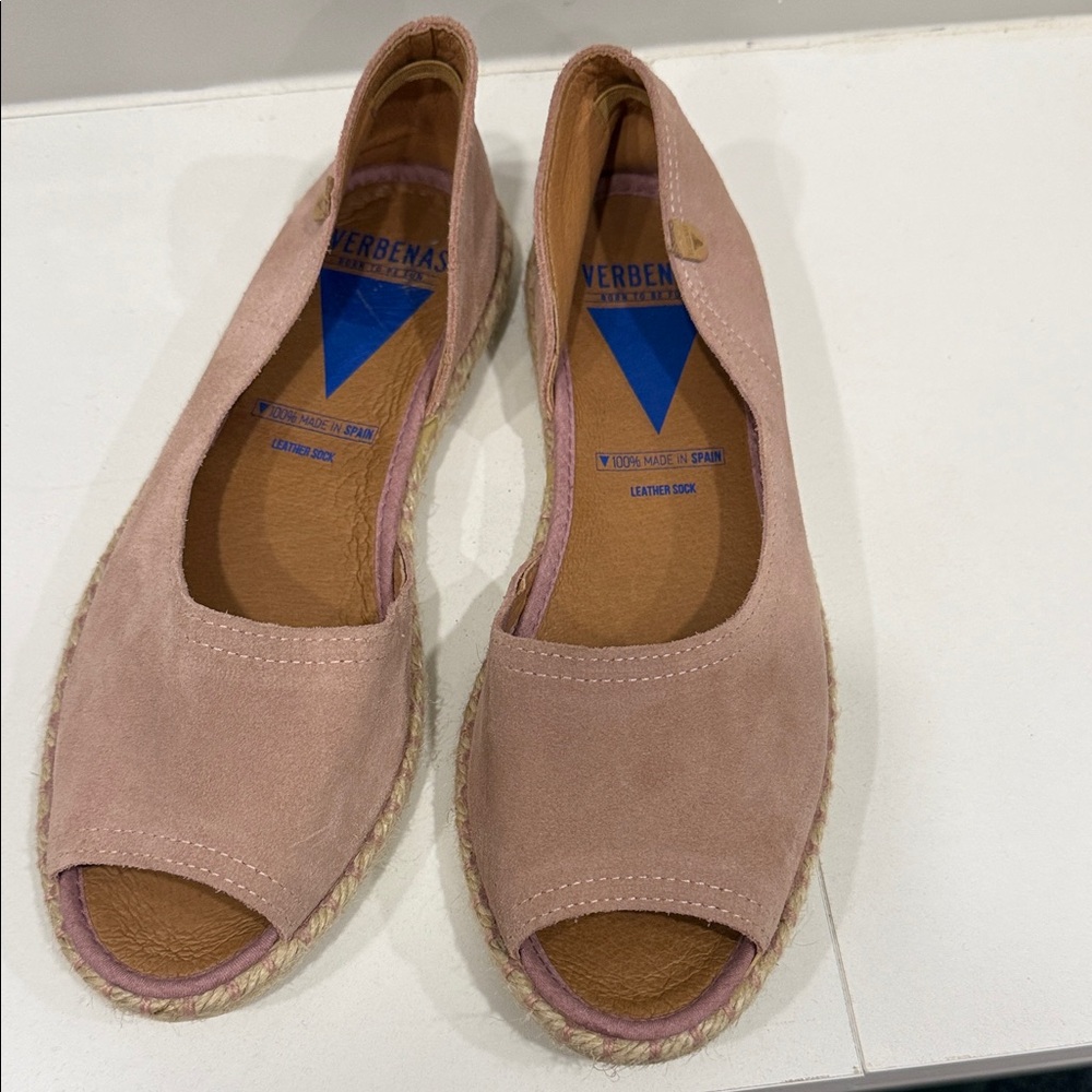 NWOT Verbenas Cruz peep toe espadrilles pink suede in size 39